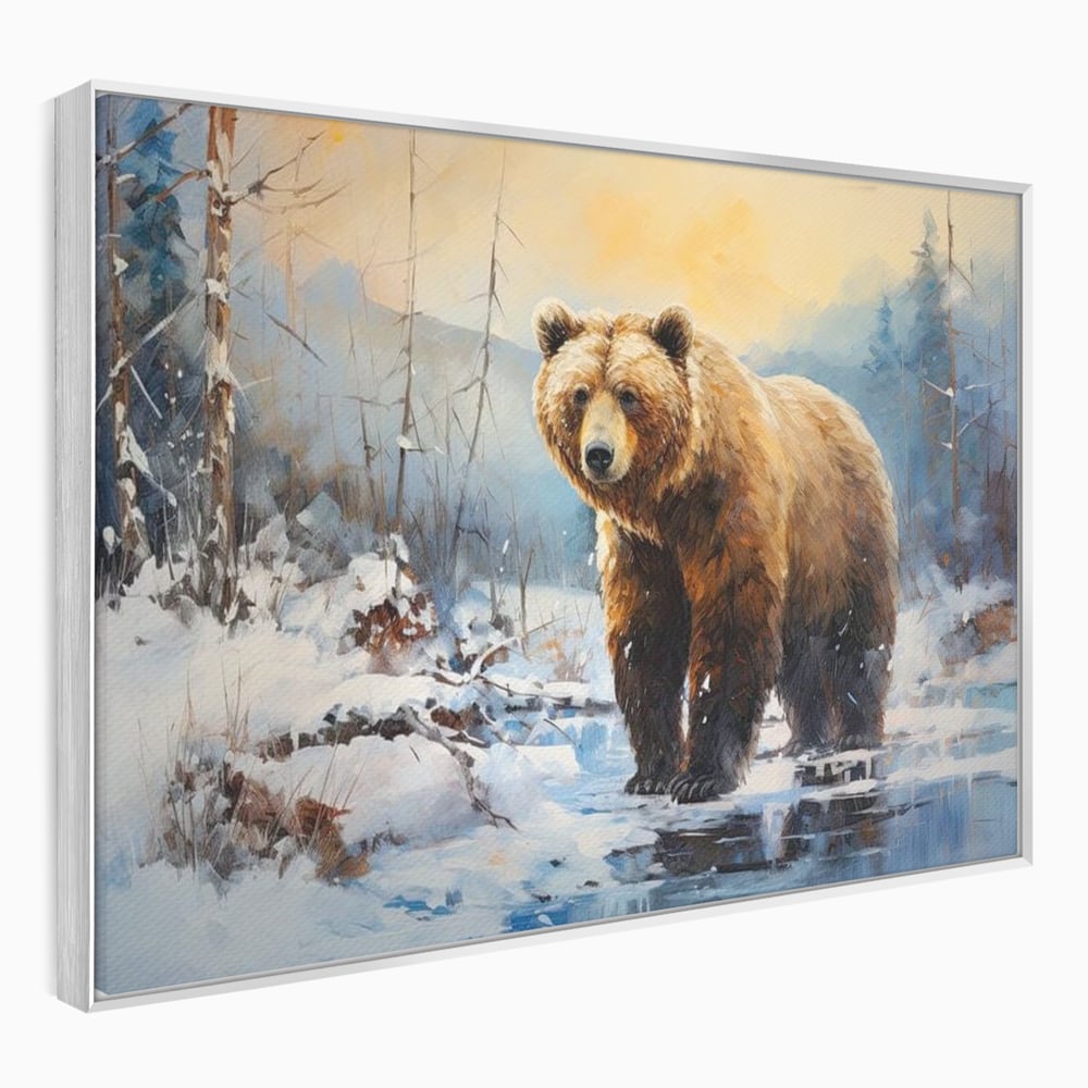 Tablou canvas cu tablou canvas cu urs brun in zapada, in rama de aluminiu argintiu
